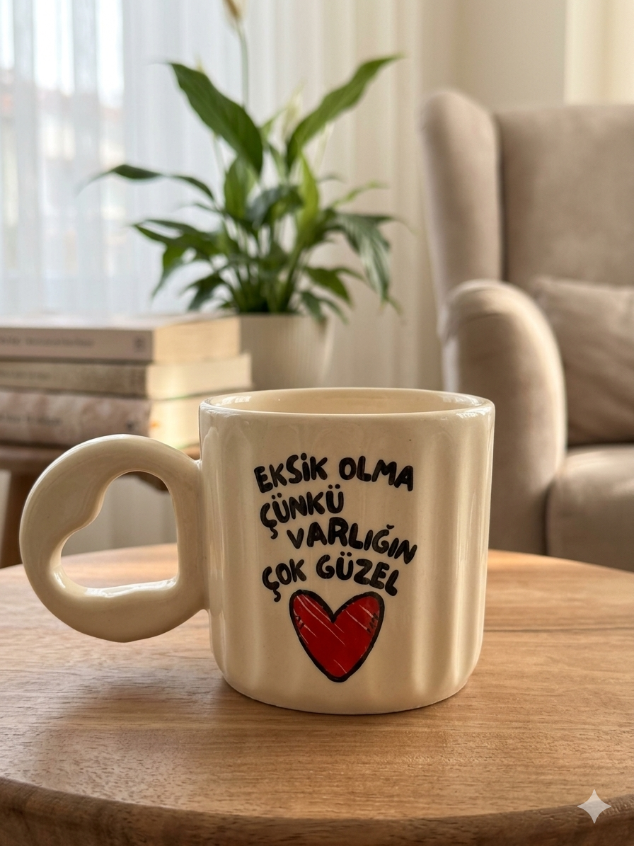 Eksik Olma Çünkü Varlığın Çok Güzel Baskılı El Yapımı Krem Parlak Eros Kupa - El İşçiliği Hediyelik Kupa Bardak