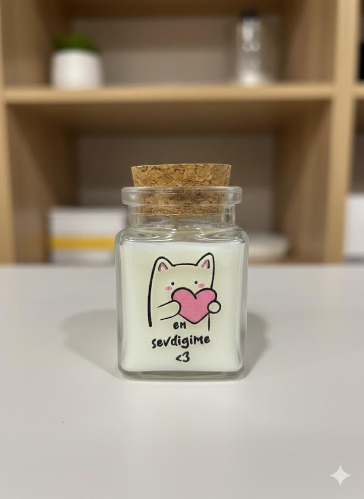 En Sevdiğime Tasarımlı Mantar Tıpalı Cam Şişede Dekoratif Mum - 1 Adet Mottolu Hediyelik Mum