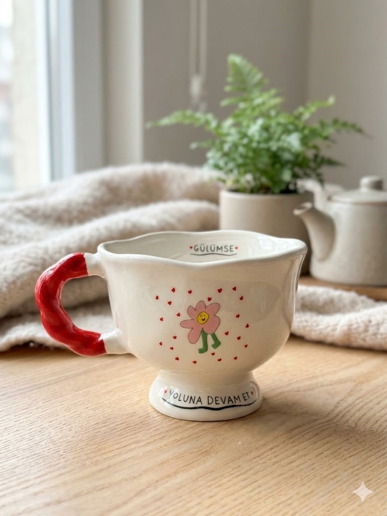 Gülümse, Yoluna Devam Et! Baskılı El Yapımı Krem Parlak Balerin Kupa - El İşçiliği Hediyelik Kupa Bardak