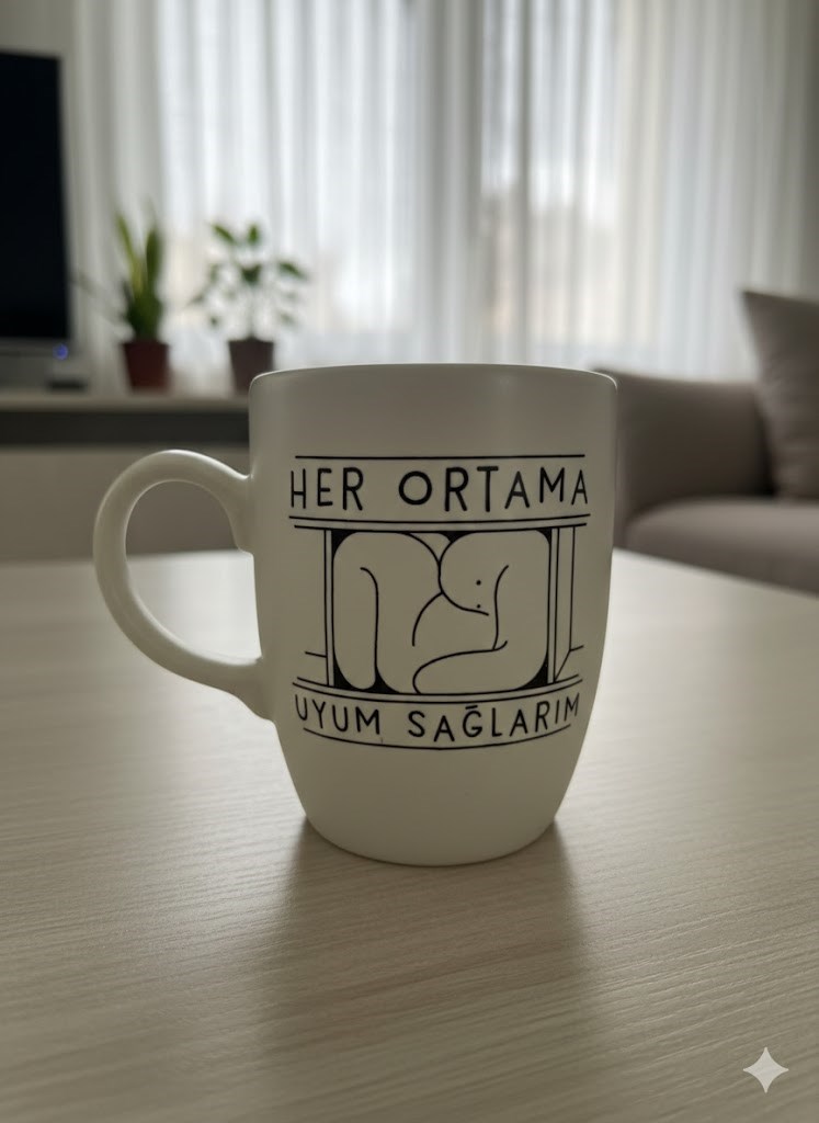 Her Ortama Uyum Sağlarım Krem Oval Kupa - Hediyelik Kupa Fincan Mug