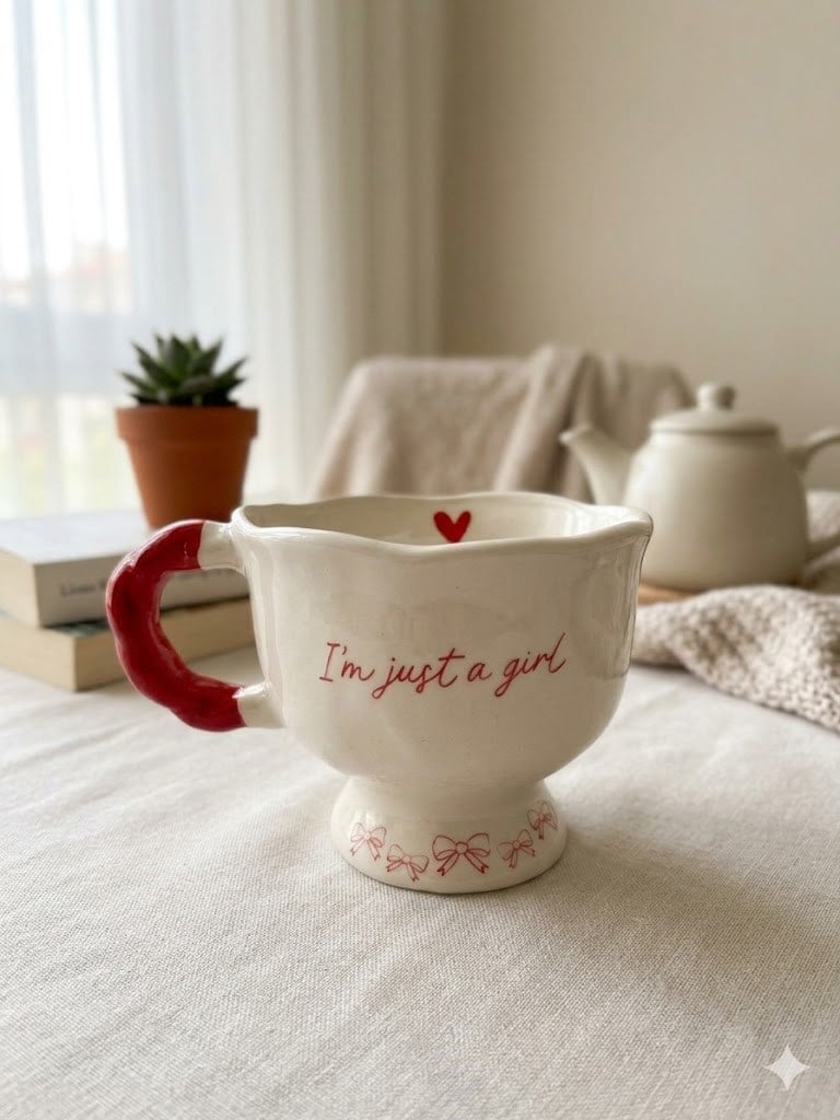 I am Just a Girl! Baskılı El Yapımı Krem Parlak Balerin Kupa - El İşçiliği Hediyelik Kupa Bardak