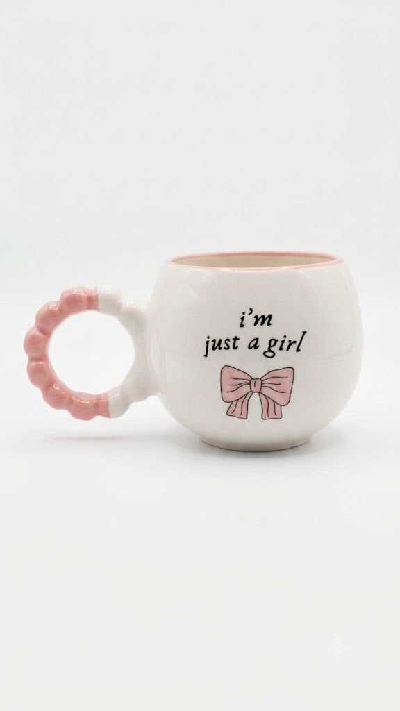 I Am Just a Girl! El Yapımı Krem Parlak Puf Kupa - El İşçiliği Hediyelik Kupa Bardak Mug