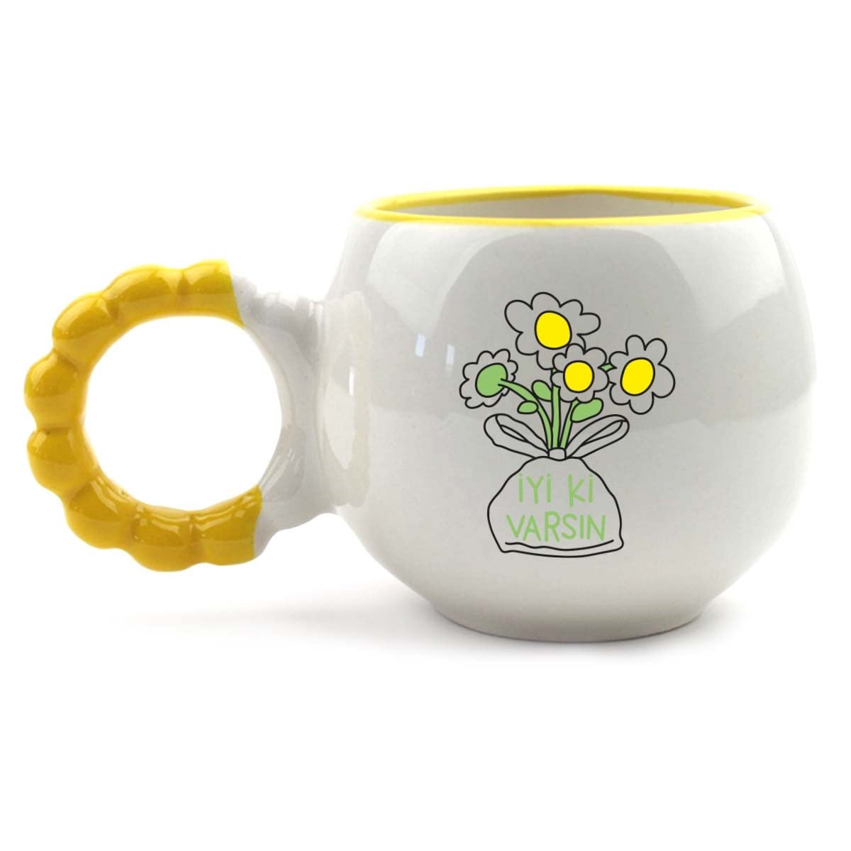İyi Ki Varsın Papatya Buketi El Yapımı Krem Parlak Puf Kupa - El İşçiliği Hediyelik Kupa Bardak Mug