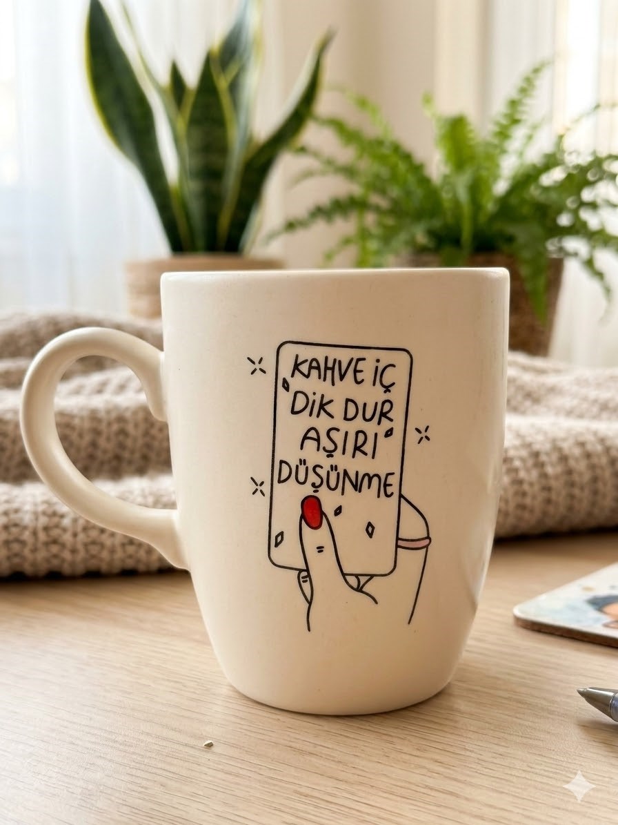 Kahve İç, Dik Dur, Aşırı Düşünme! Krem Oval Kupa - Hediyelik Kupa Fincan Mug