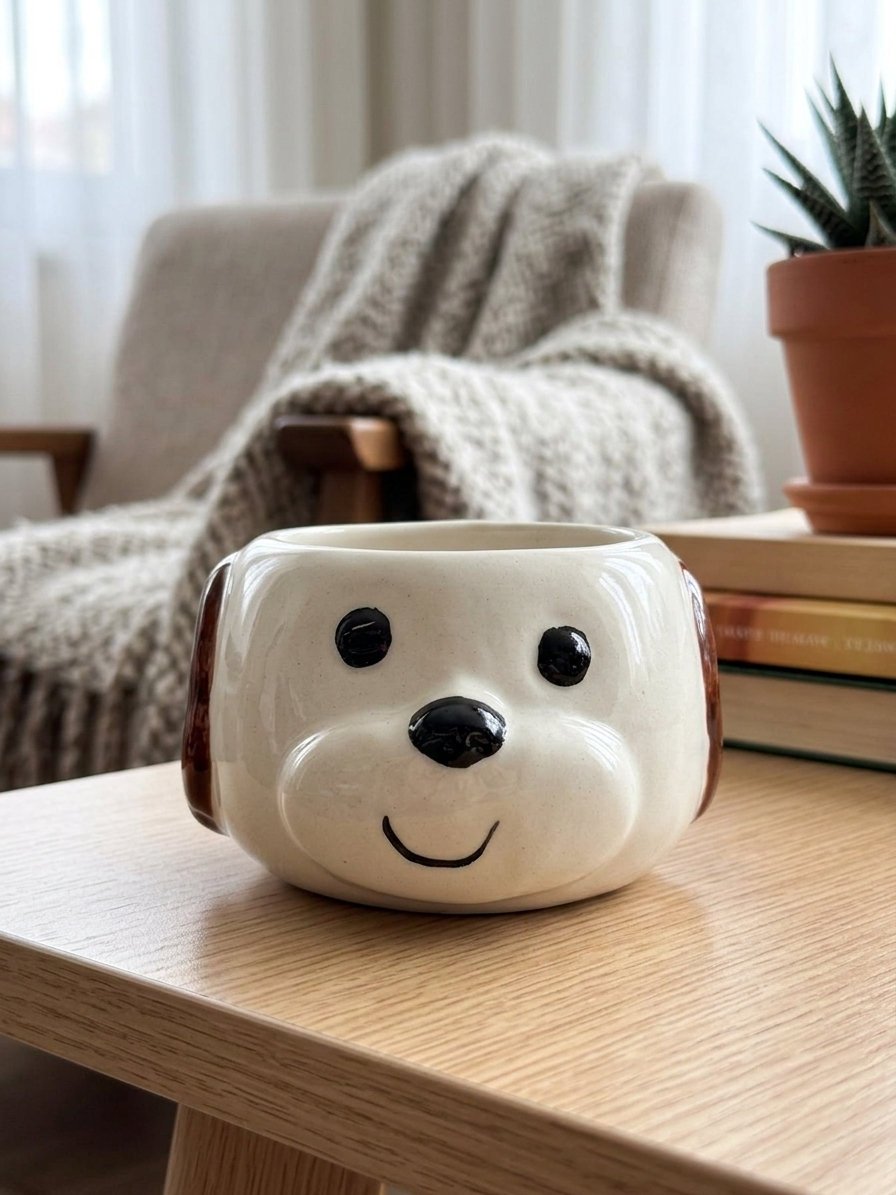 Kahverengi Kulak Köpekçik 3D Kabartmalı El Yapımı Krem Parlak Kupa - El İşçiliği 3D Hediyelik