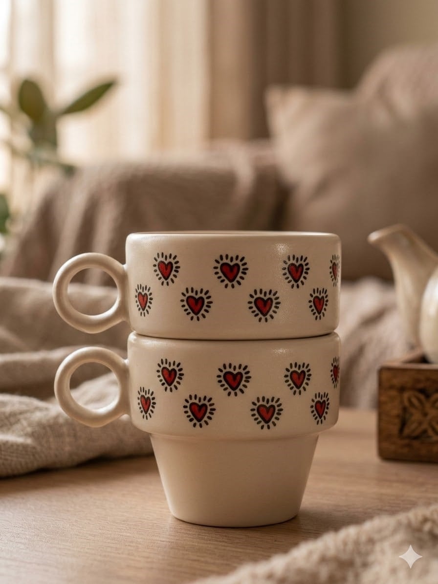 Kalp Efekti Tasarımlı 2li Espresso Bardak Seti - Hediye Seramik Fincan