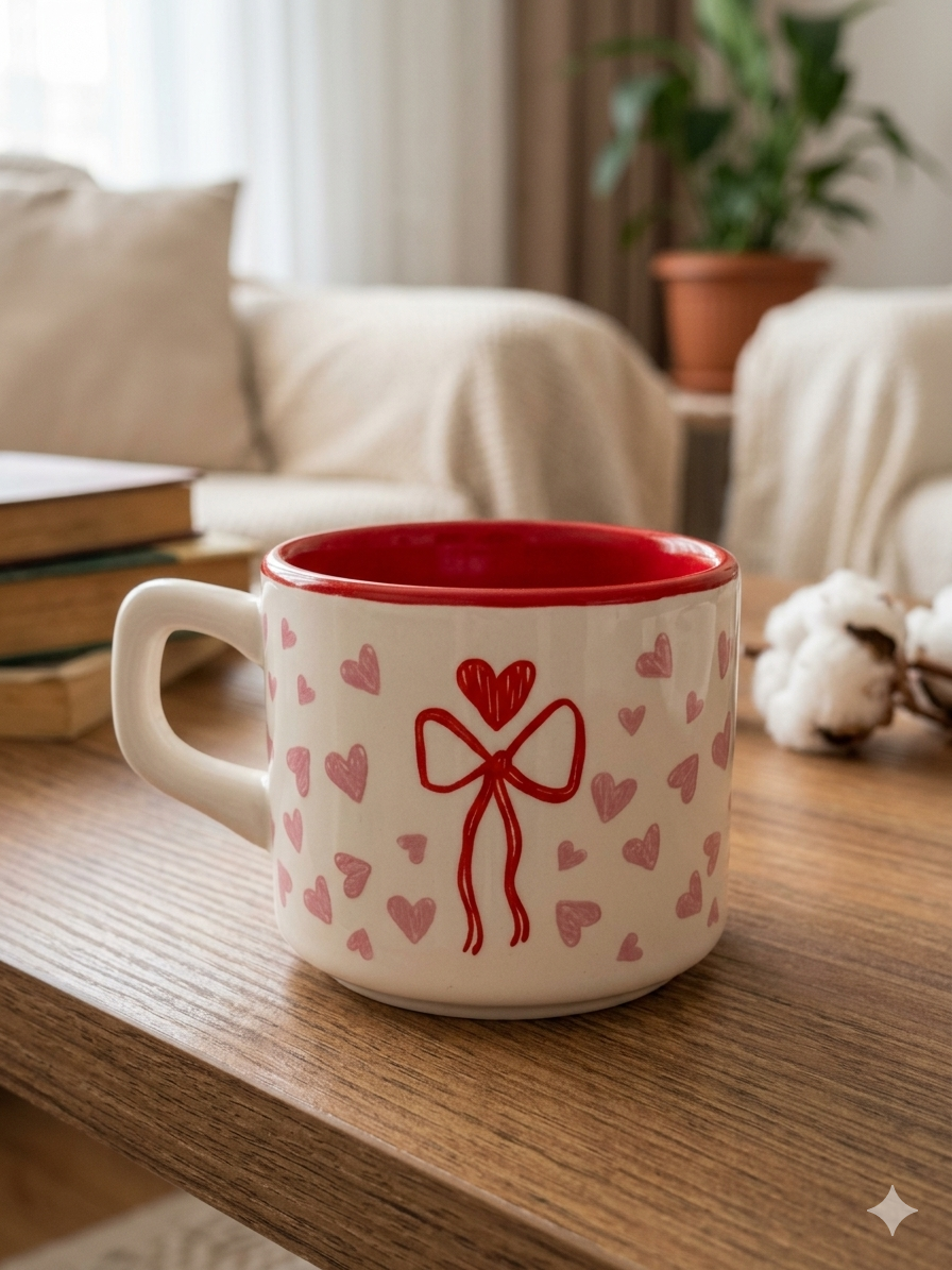 Kalpli Kurdele Sarmal Tasarımlı Beyaz Venüs Kupa - Hediyelik Kupa Fincan Mug