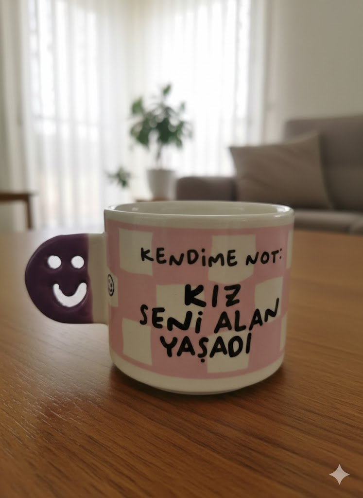Kendime Not: Kız Seni Alan Yaşadı! El Yapımı Gülen Kulp Kupa - Hediyelik Kupa Fincan Mug