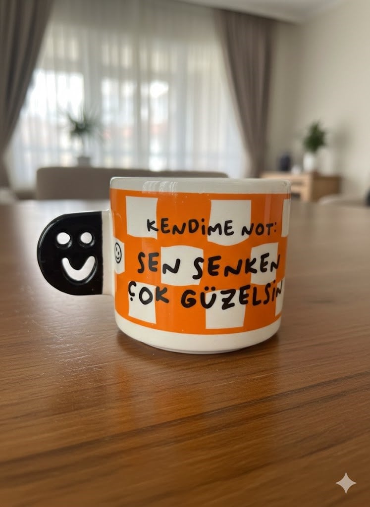 Kendime Not: Sen Senken Çok Güzelsin! El Yapımı Gülen Kulp Kupa - Hediyelik Kupa Fincan Mug