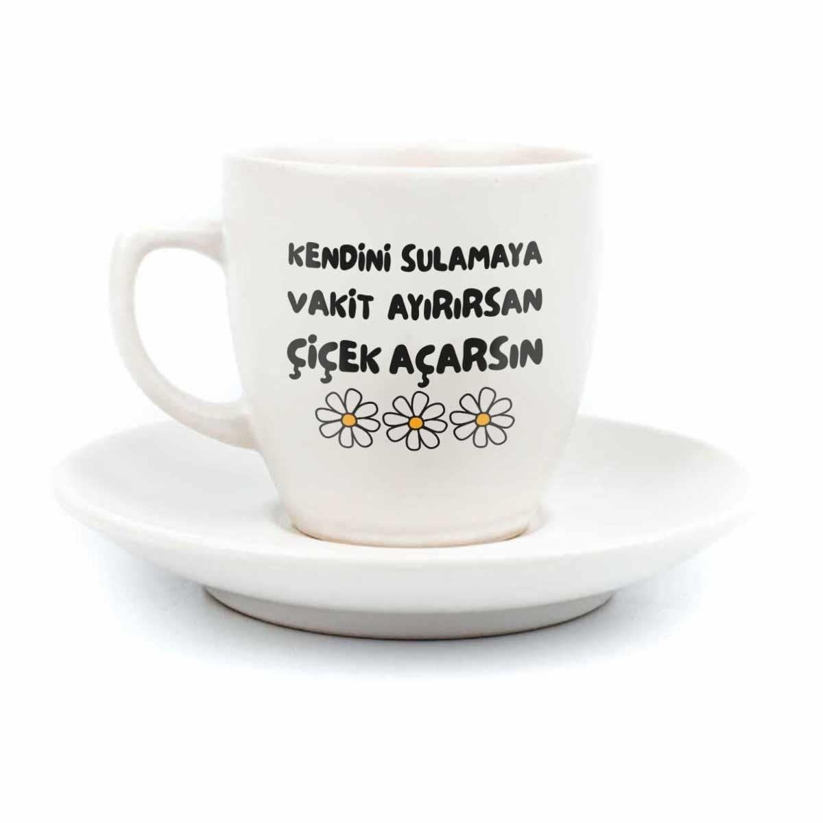 Kendini Sulamaya Vakit Ayırırsan Çiçek Açarsın Krem Türk Kahvesi Fincanı - Hediye Seramik Türk Kahvesi Fincanı