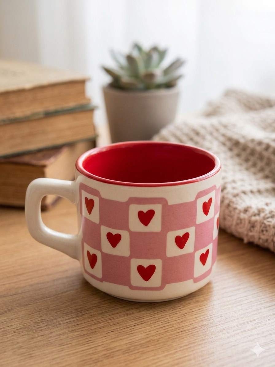 Kırmızı Kalp Sarmal Tasarımlı Beyaz Venüs Kupa - Hediyelik Kupa Fincan Mug