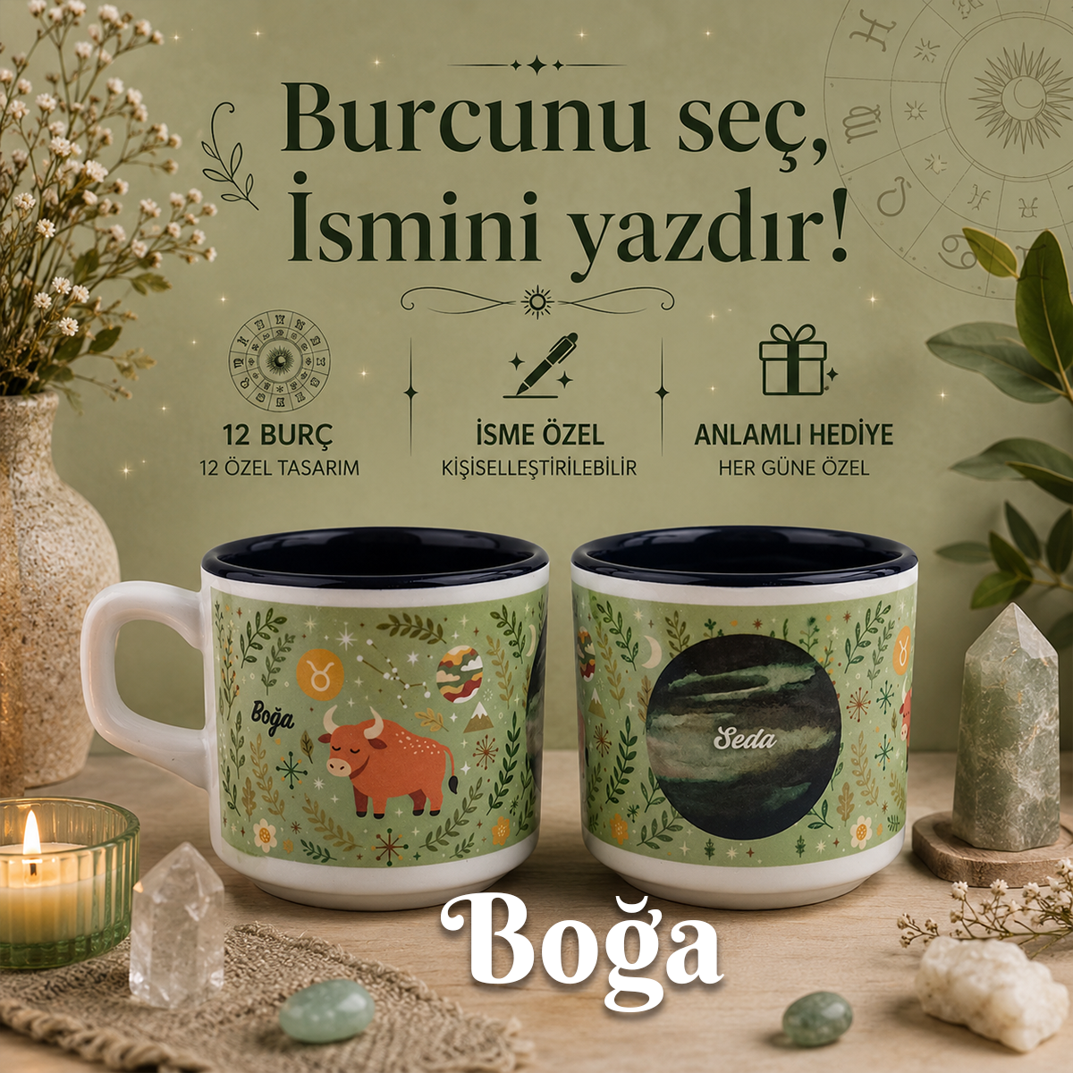 Kişiye Özel Boğa Burcu Tasarımlı Beyaz Burc Kupa - Hediyelik Kupa Fincan Mug