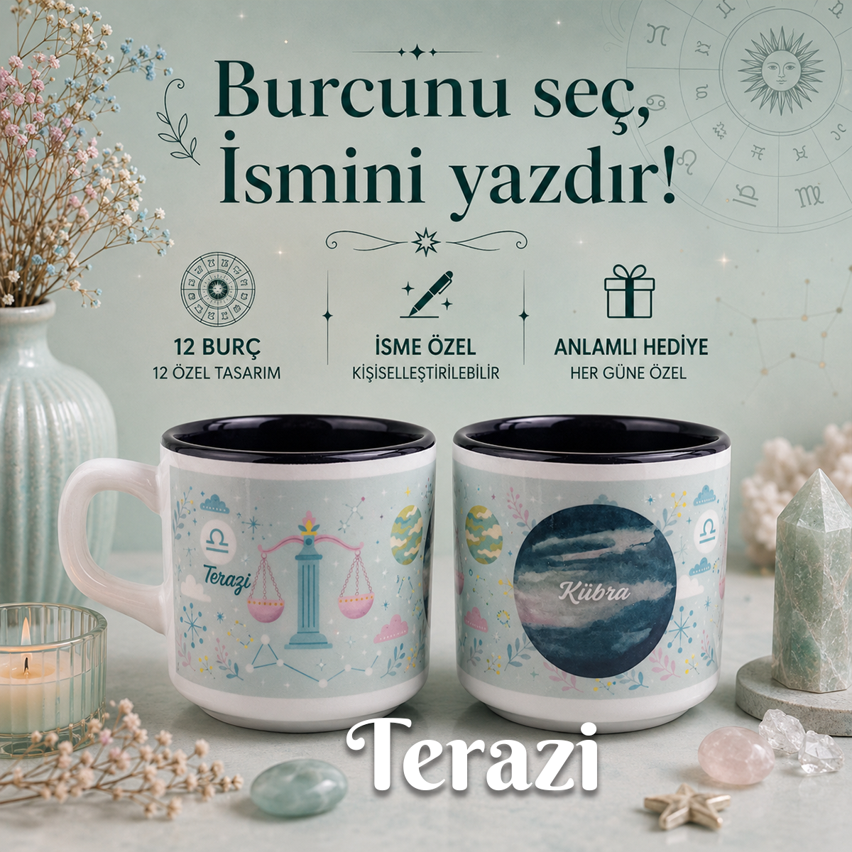 Kişiye Özel Terazi Burcu Tasarımlı Beyaz Burc Kupa - Hediyelik Kupa Fincan Mug
