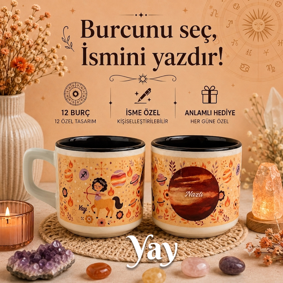 Kişiye Özel Yay Burcu Tasarımlı Beyaz Burc Kupa - Hediyelik Kupa Fincan Mug