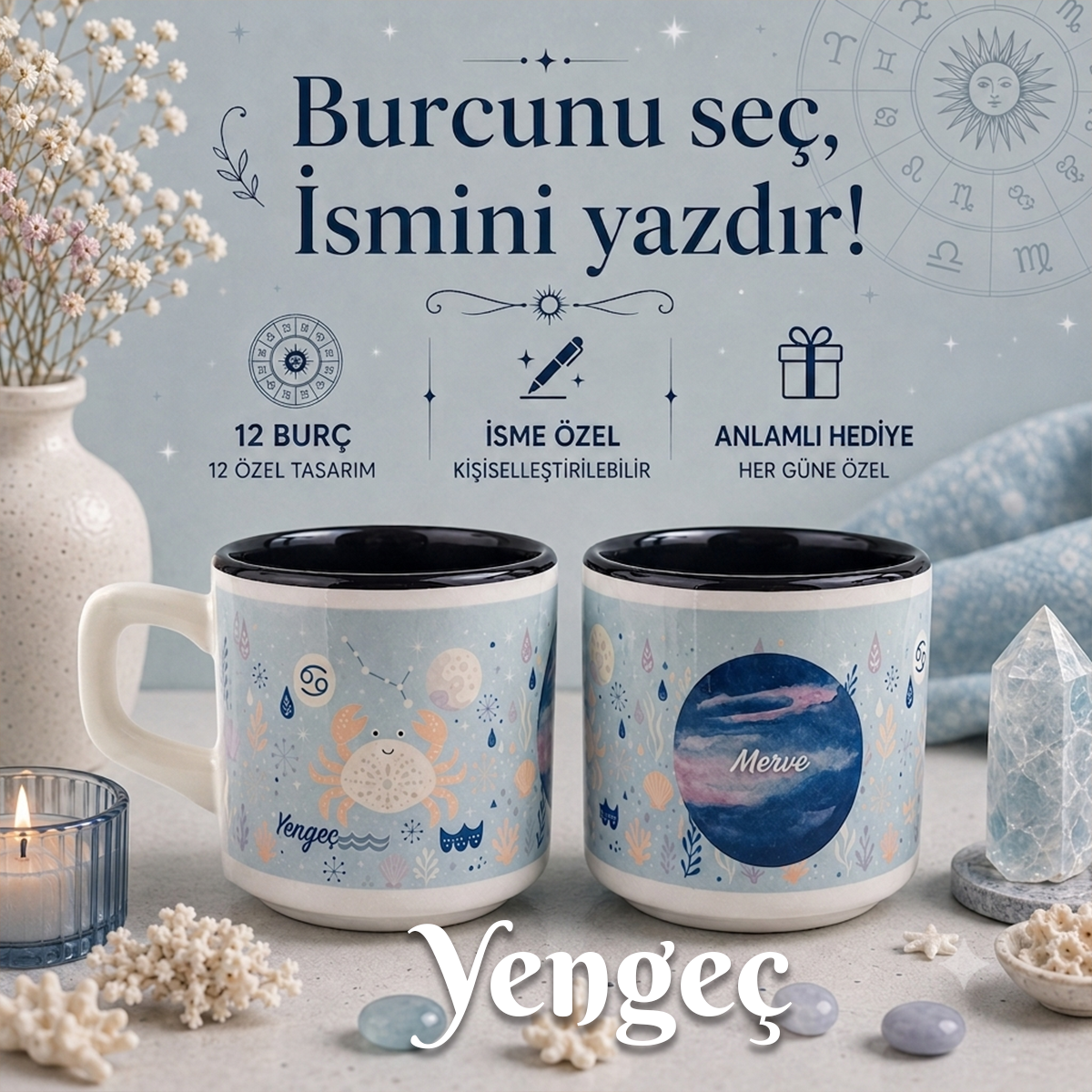 Kişiye Özel Yengeç Burcu Tasarımlı Beyaz Burc Kupa - Hediyelik Kupa Fincan Mug