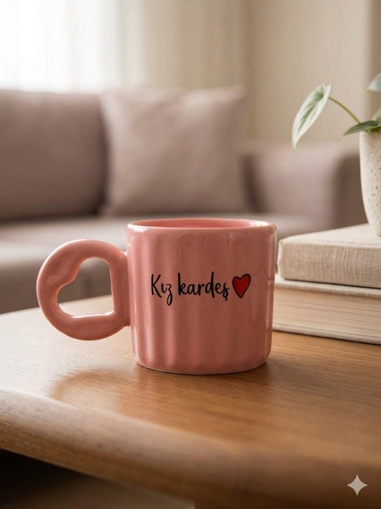 Kız Kardeş Baskılı El Yapımı Pembe Parlak Eros Kupa - El İşçiliği Hediyelik Kupa Bardak