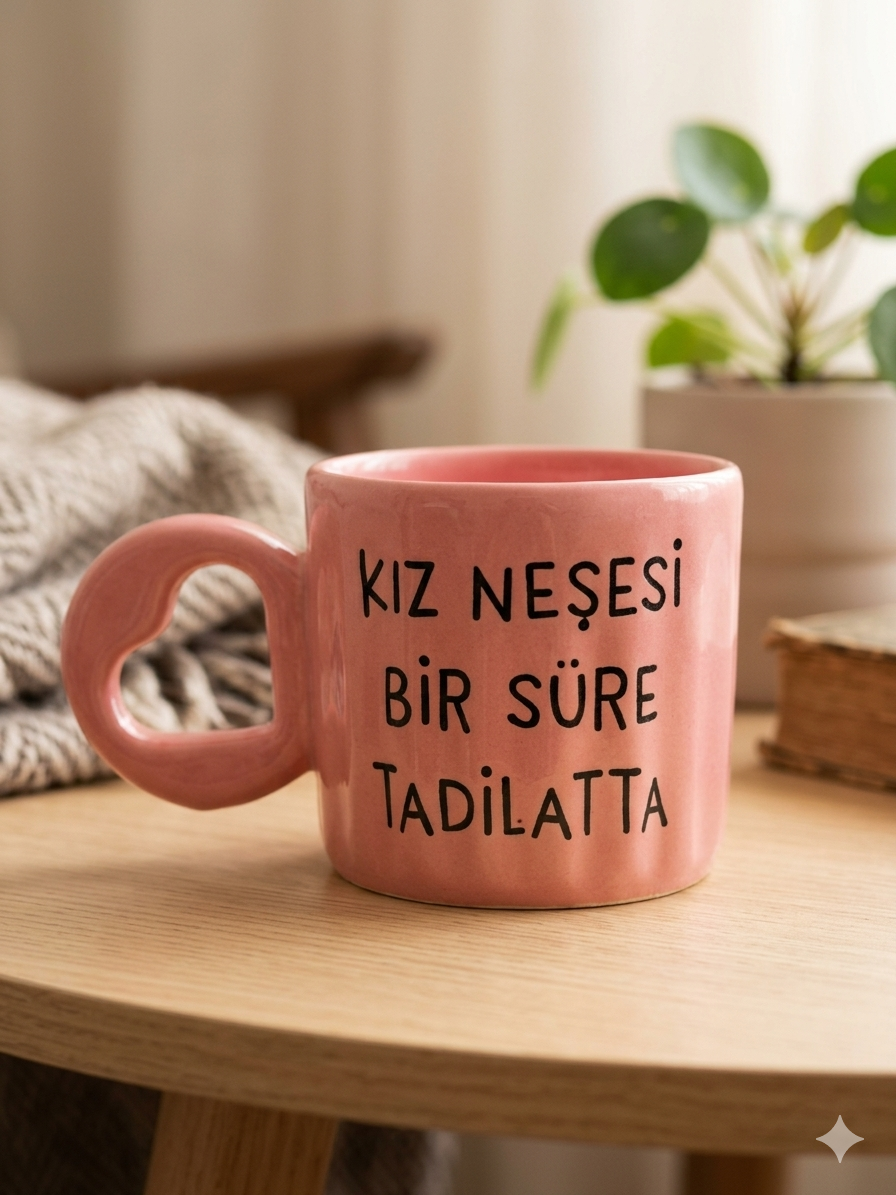 Kız Neşesi Bir Süre Tadilatta! Baskılı El Yapımı Pembe Parlak Eros Kupa - El İşçiliği Hediyelik Kupa Bardak