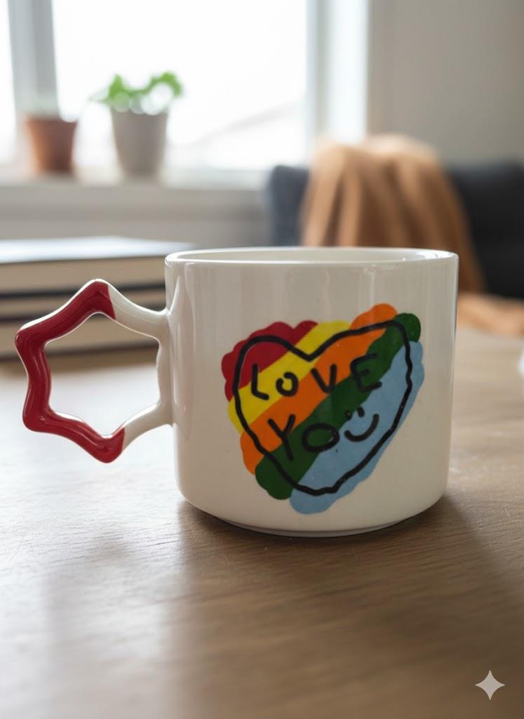 Love You Krem Parlak Yıldız Kulp Kupa- Hediye Seramik Kupa