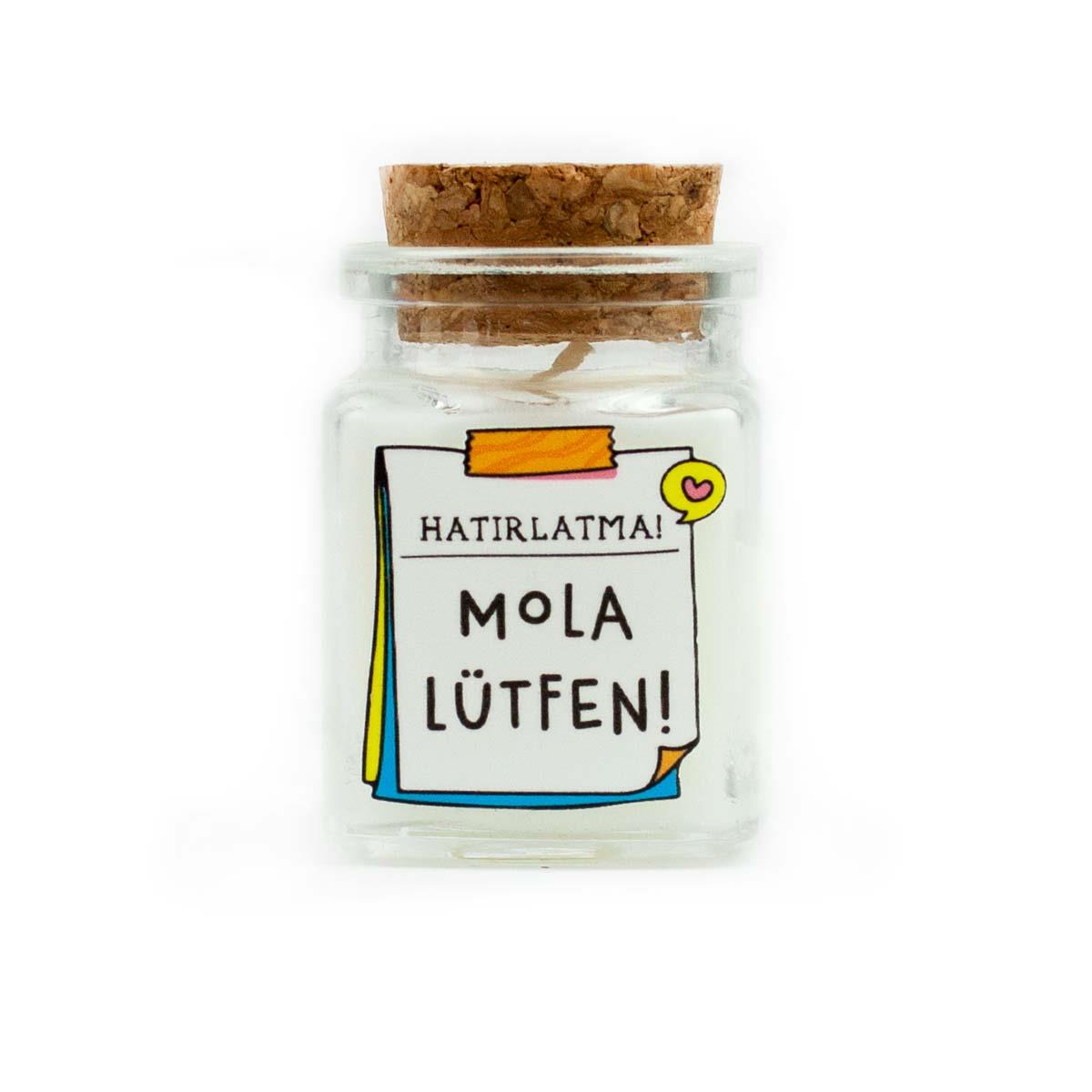 Mola Lütfen! Mantar Tıpalı Cam Şişede Dekoratif Mum - 1 Adet Mottolu Hediyelik Mum