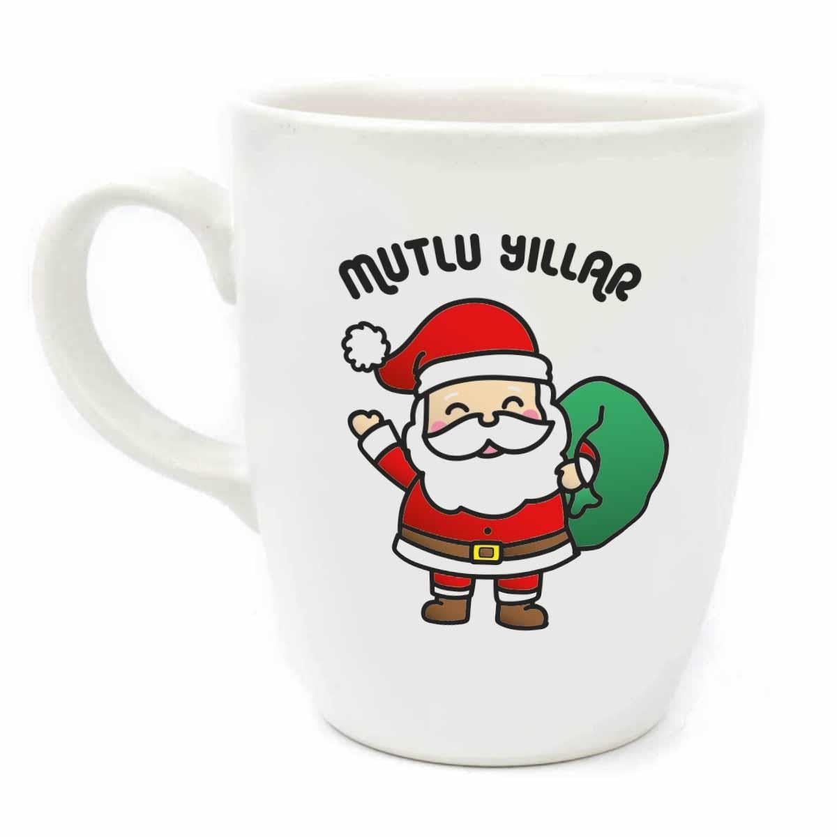 Mutlu Yıllar Noel Baba Krem Oval Kupa No:07-Yılbaşı Temalı Kupa