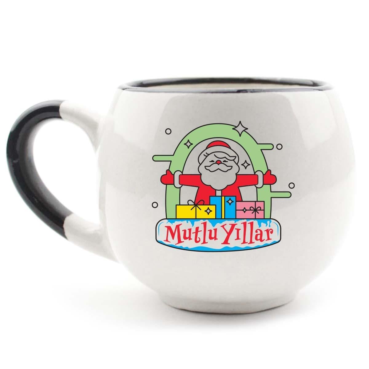 Mutlu Yıllar Noel Baba Krem Parlak Balon Kupa -Yılbaşı Temalı Kupa