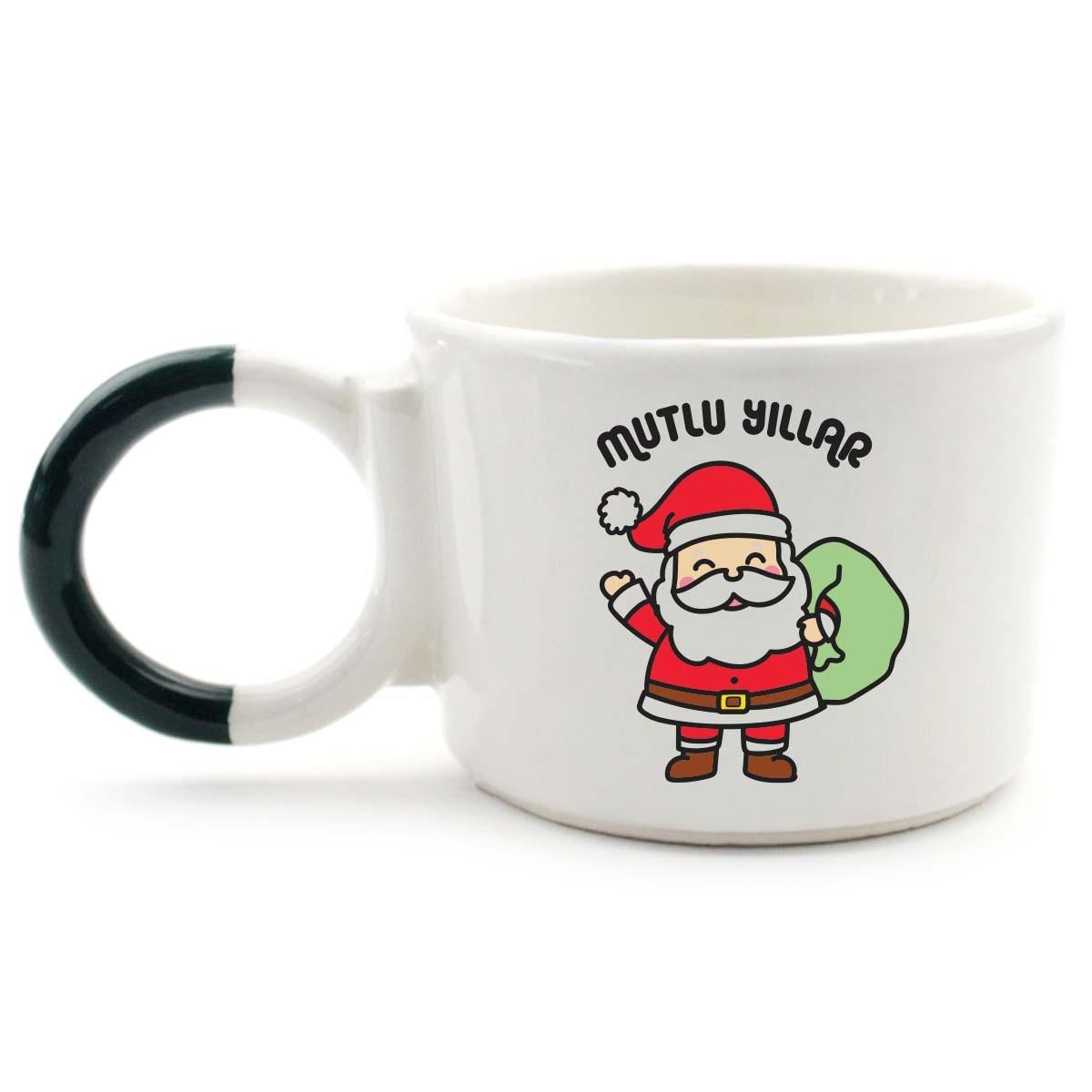Mutlu Yıllar Noel Baba Krem Parlak Düğüm Kulp Fincan (Yeşil Kulp) - Hediye Seramik Fincan