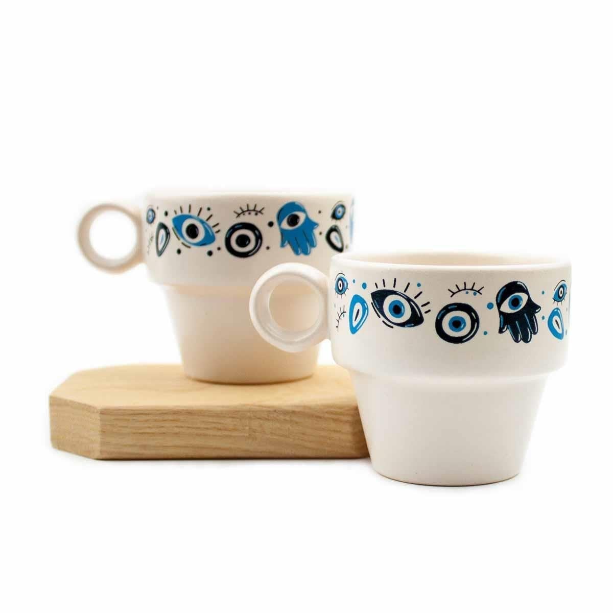 Nazar Boncuğu & Hamsa Temalı 2li Espresso Bardak Seti - Hediye Seramik Fincan