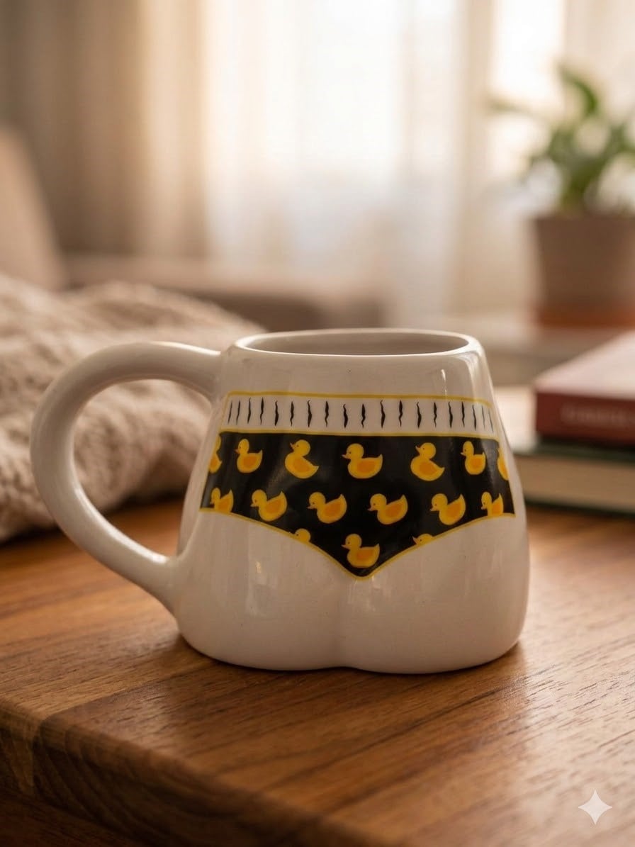 Ördek Desen Bikinili El Yapımı Beyaz Parlak Popo Kupa - El İşçiliği Hediyelik Kupa Bardak Mug