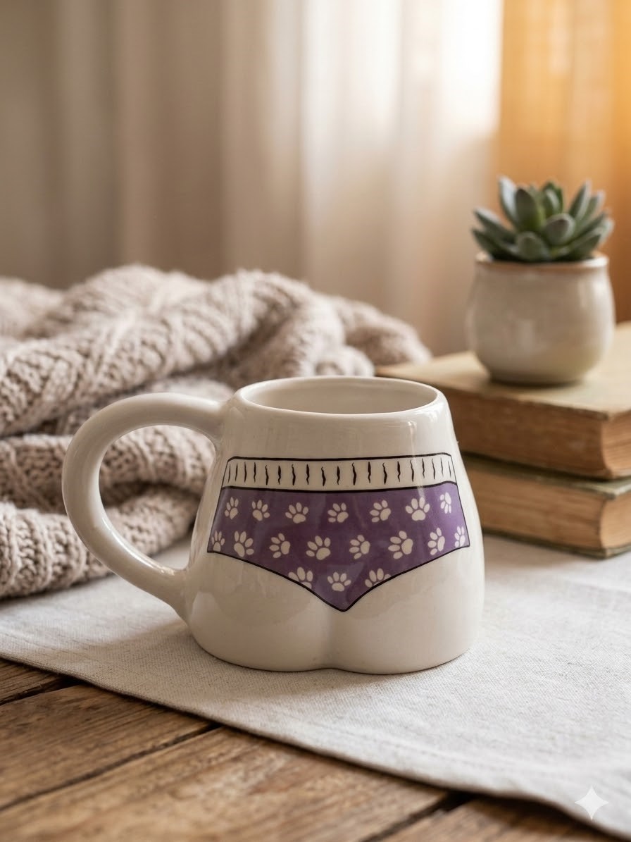 Pati Desen Bikinili El Yapımı Beyaz Parlak Popo Kupa - El İşçiliği Hediyelik Kupa Bardak Mug