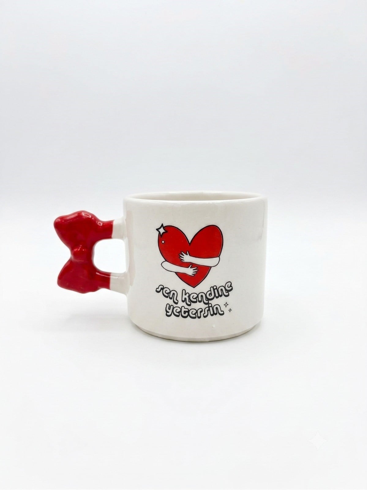 Sen Kendine Yetersin El Yapımı Krem Parlak Kurdele Kulp Kupa - El İşçiliği Hediyelik Kupa Bardak Mug