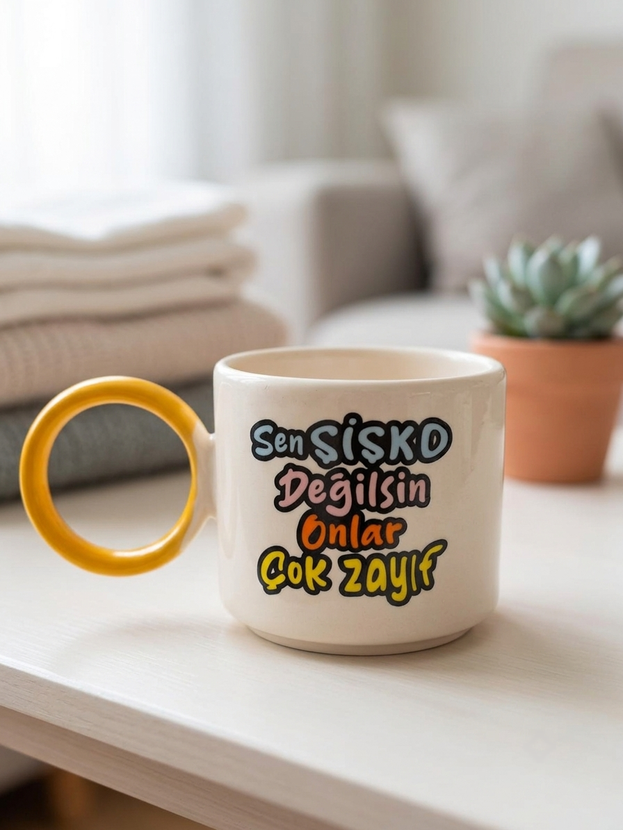 Sen Şişko Değilsin Onlar Çok Zayıf El Yapımı Krem Parlak O Kupa (Sarı Kulp) - Hediye Seramik Kupa