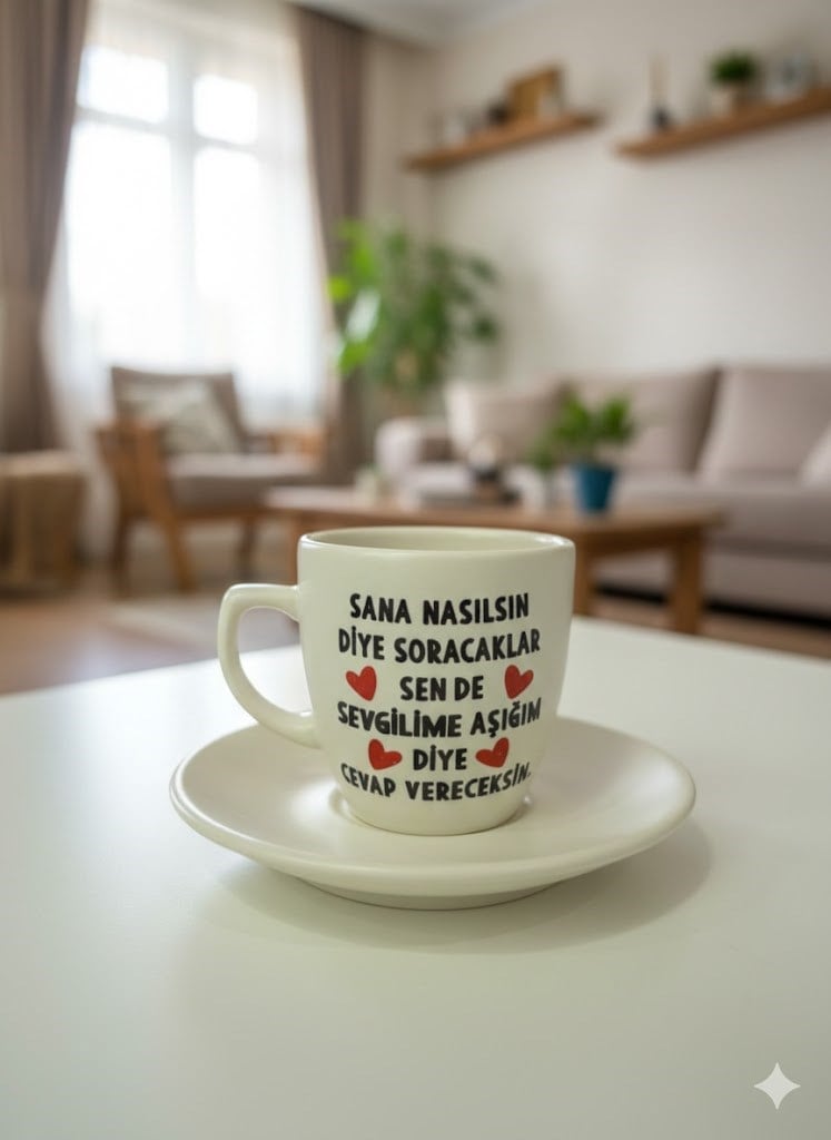 Sevgilime Aşığım Diye Cevap Vereceksin Krem Türk Kahvesi Fincanı - Hediye Seramik Türk Kahvesi Fincanı