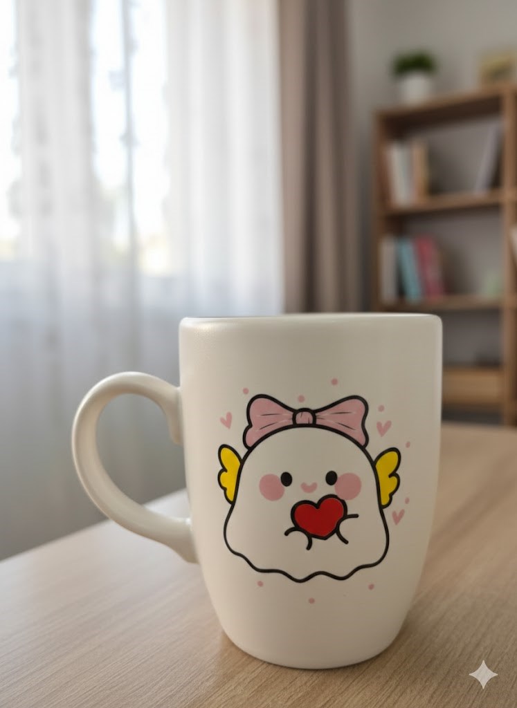 Sevimli Hayalet Krem Oval Kupa - Hediyelik Kupa Fincan Mug
