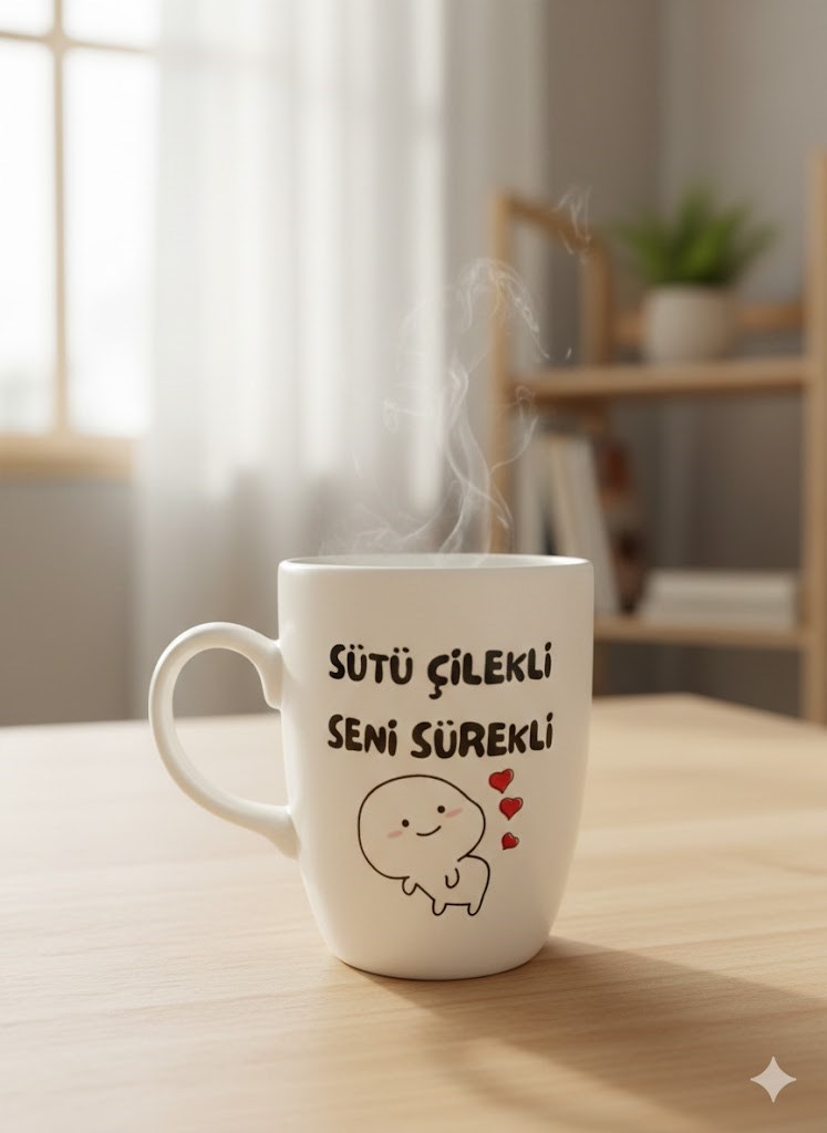 Sütü Çilekli Seni Sürekli Krem Oval Kupa - Hediyelik Kupa Fincan Mug