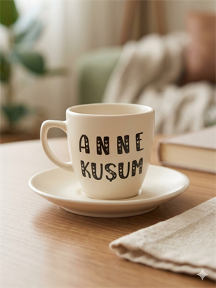 Anne Kuşum Krem Türk Kahvesi Fincanı - Hediye Seramik Türk Kahvesi Fincanı