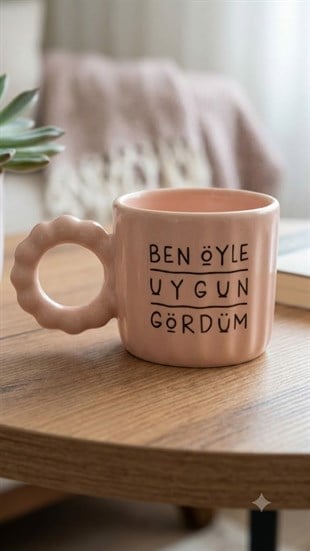 Ben Öyle Uygun Gördüm El Yapımı Krem Parlak O Kupa (Pembe Kulp) - Hediye Seramik Kupa