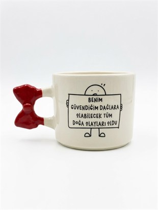 Güvendiğim Dağlara El Yapımı Krem Parlak Kurdele Kulp Kupa - El İşçiliği Hediyelik Kupa Bardak Mug