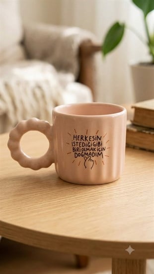 Herkesin İstediği Ğibi Biri Olmak İçin Doğmadım El Yapımı Krem Parlak O Kupa (Pembe Kulp) - Hediye Seramik Kupa