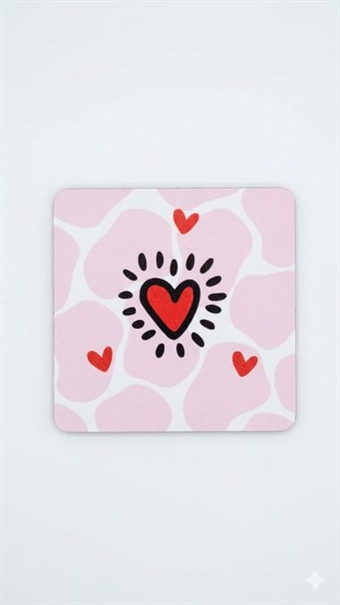 Kırmızı Kalp Tasarım Baskılı Ahşap Bardak Altlığı 