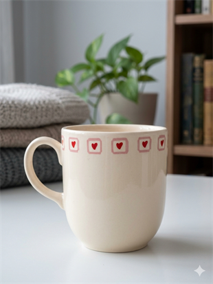 Kalp Kutucuk Krem Juno Kupa -Hediyelik Kupa Fincan Mug