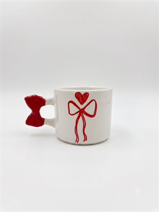 Kalpli Kırmızı Kurdele El Yapımı Krem Parlak Kurdele Kulp Kupa - El İşçiliği Hediyelik Kupa Bardak Mug