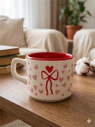 Kalpli Kurdele Sarmal Tasarımlı Beyaz Venüs Kupa - Hediyelik Kupa Fincan Mug