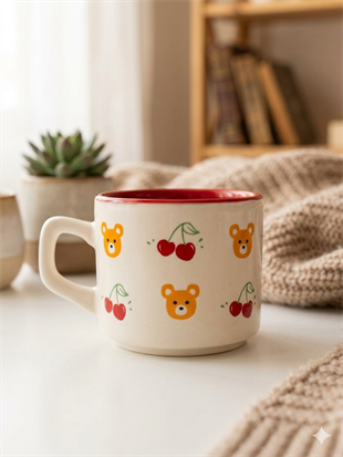 Kiraz Ayıcık Sarmal Tasarımlı Beyaz Venüs Kupa - Hediyelik Kupa Fincan Mug