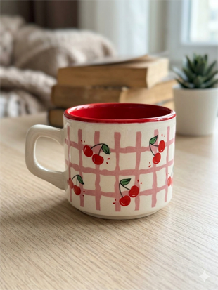 Kiraz Sarmal Tasarımlı Beyaz Venüs Kupa - Hediyelik Kupa Fincan Mug