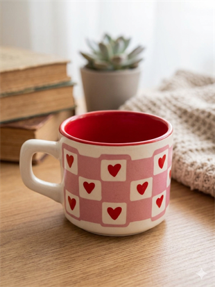 Kırmızı Kalp Sarmal Tasarımlı Beyaz Venüs Kupa - Hediyelik Kupa Fincan Mug