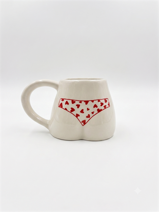 Kırmızı Kalpli Bikinili El Yapımı Beyaz Parlak Popo Kupa - El İşçiliği Hediyelik Kupa Bardak Mug