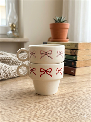 Kırmızı Pembe Kurdele Tasarımlı 2li Espresso Bardak Seti - Hediye Seramik Fincan