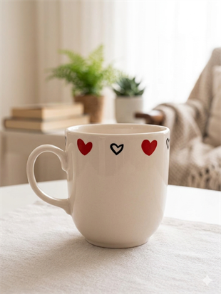 Kırmızı Siyah Kalpler Krem Juno Kupa -Hediyelik Kupa Fincan Mug