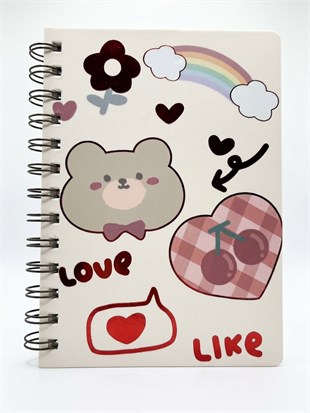 Love Lıke Desenli Spiralli Çizgili Defter-Çizgili Yapraklı Not Defteri