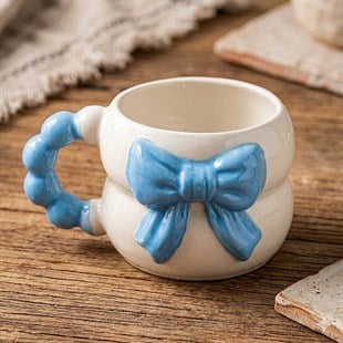 Mavi Fiyonk Kupa 3D Kabartmalı El Yapımı Krem Parlak  - El İşçiliği 3D Hediyelik